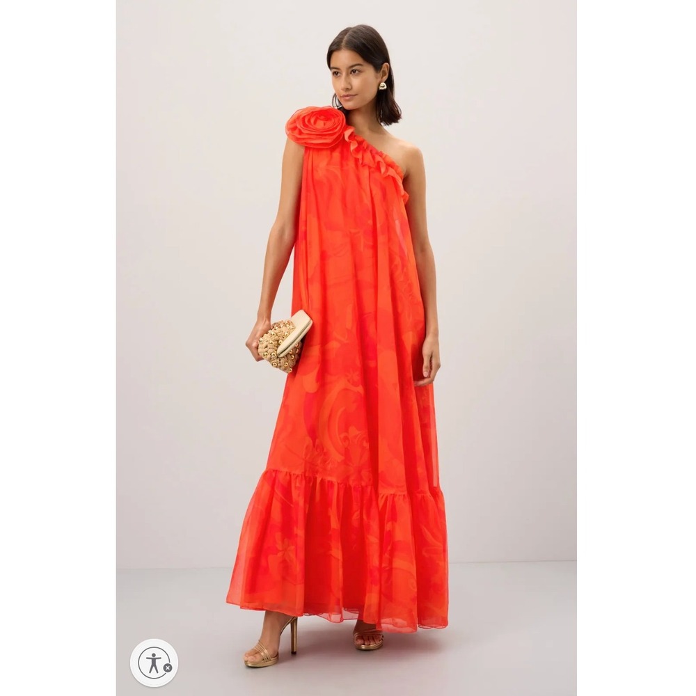 Mac Duggal One-Shoulder Maxi Dress in Vibrant Coral-Orange